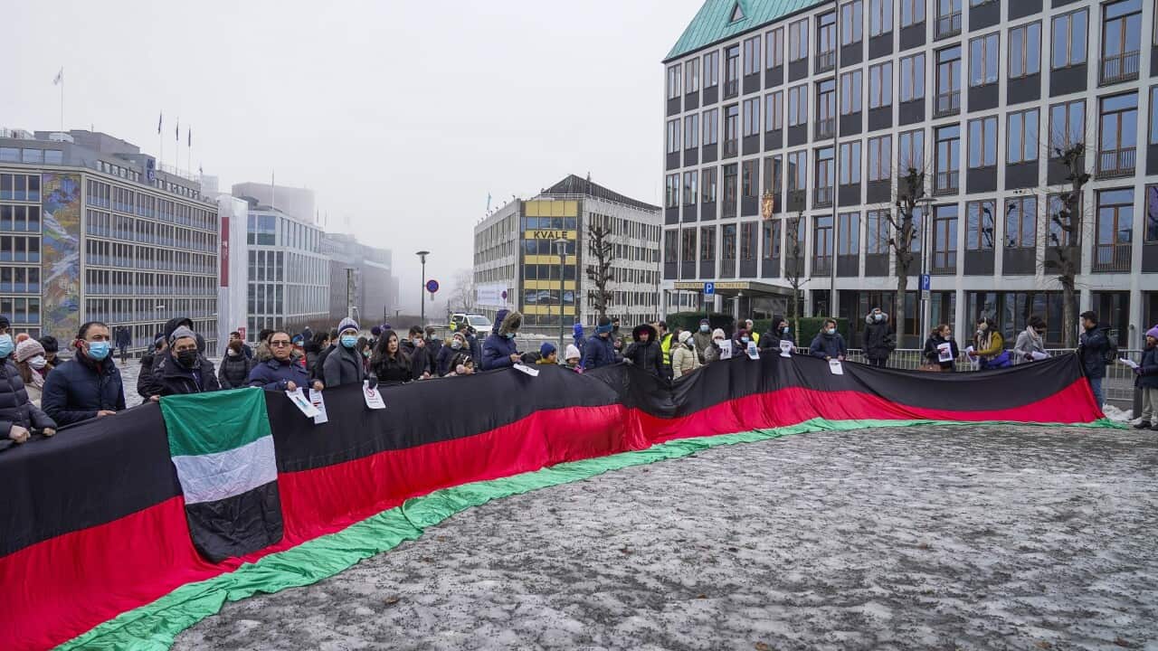 People demonstrate against the Taliban being in Norway outside the Ministry of Foreign Affairs in Oslo