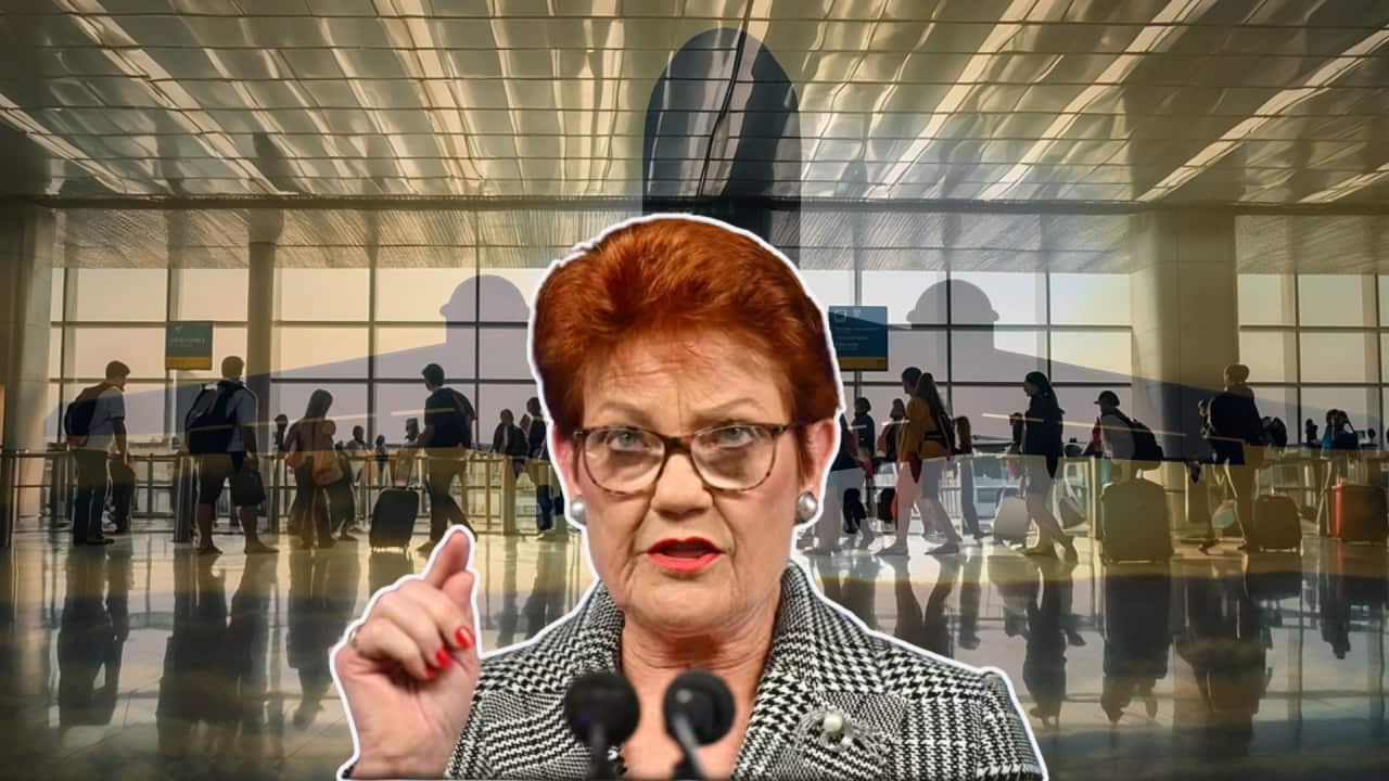 Composite image showing One Nation leader Pauline Hanson speaking at a podium, with an airport terminal, traveller silhouettes and a large aircraft in the background.