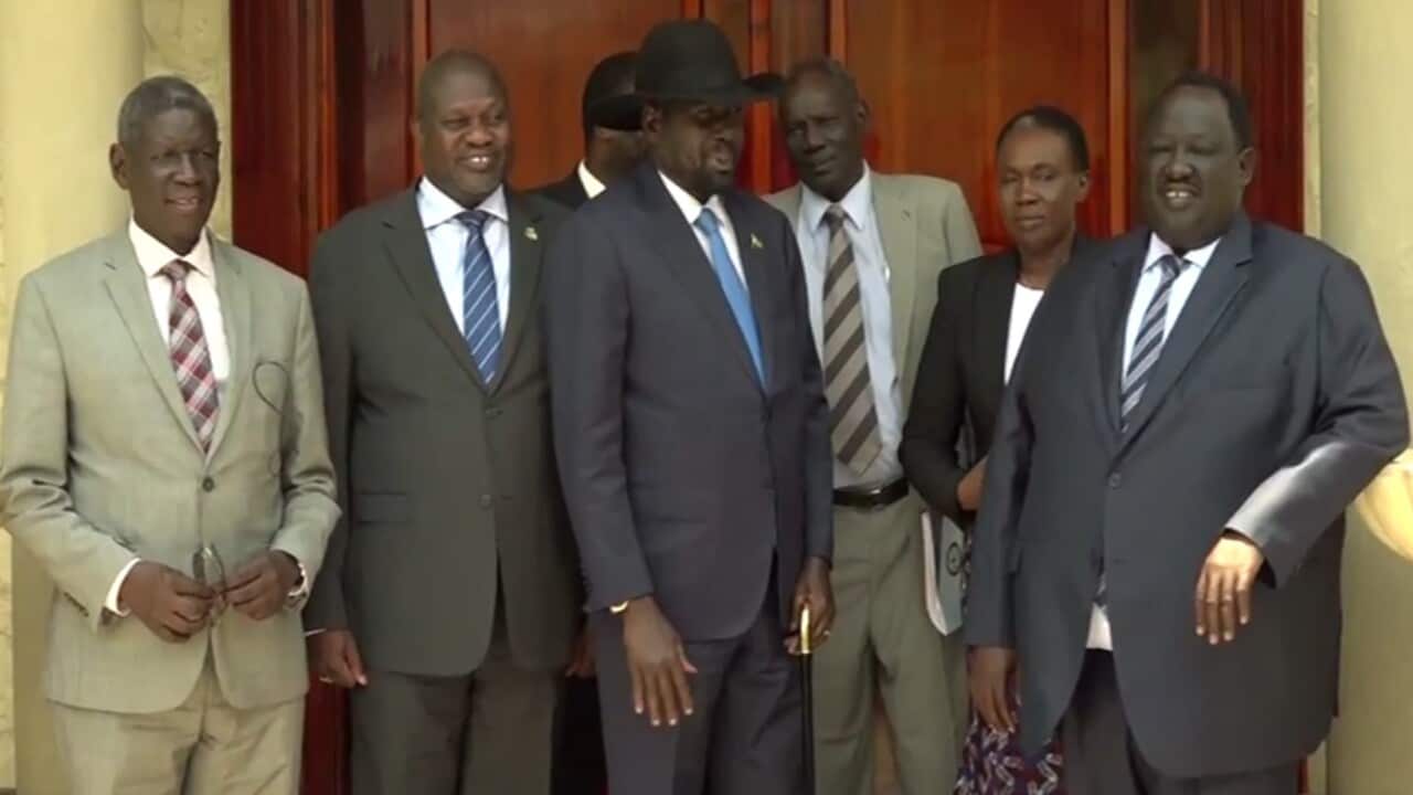 South Sudanese leaders during the press conference in Juba.