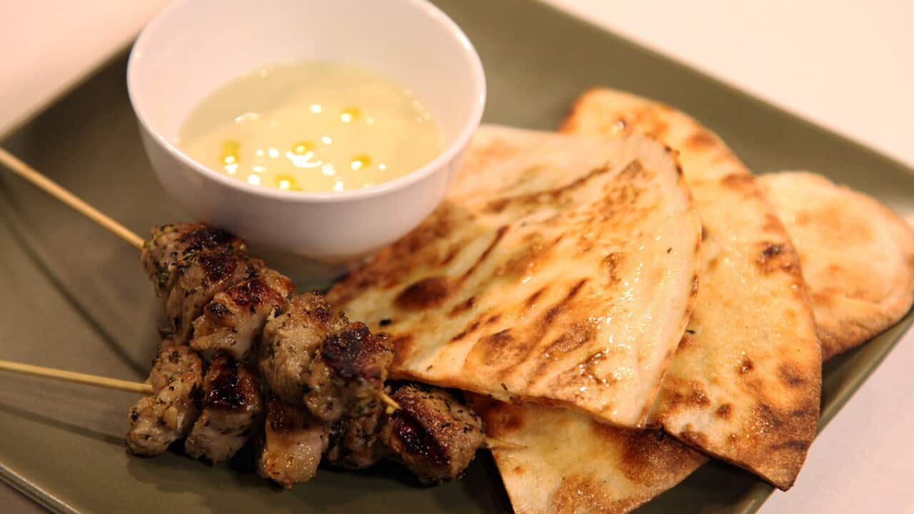 Pork souvlaki with skordalia