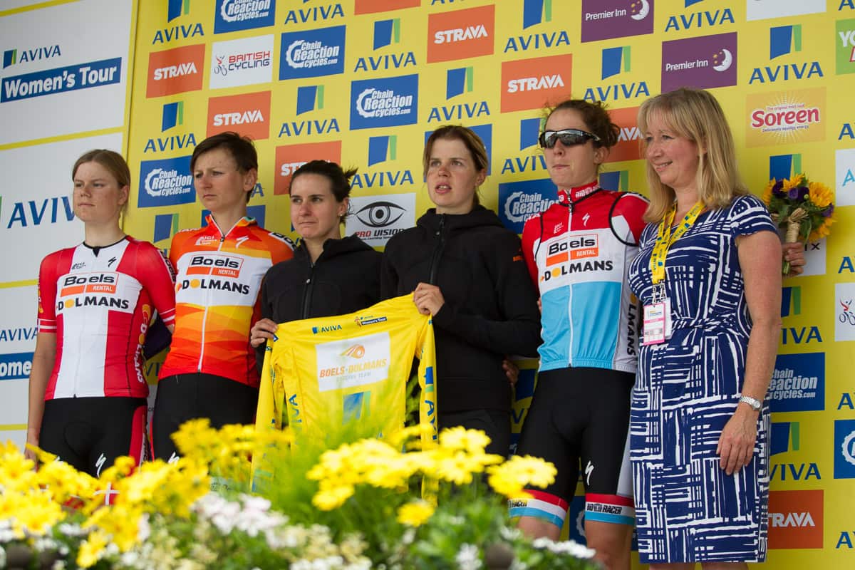  A sombre looking Boels Dolmans team accepted the leader's jersey on Armitstead's behalf at the podium ceremony. She will not start stage two.