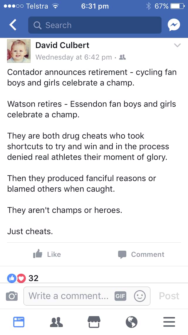 The Facebook post from former Olympian turned sports commentator, David Culbert.