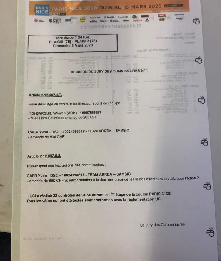 The official ruling from the race jury disqualifying Warren Barguil from Paris-Nice 2020