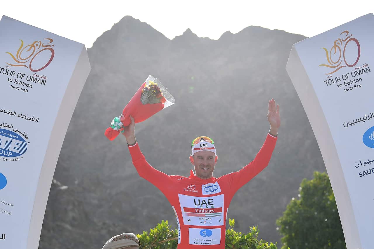 Alexander Kristoff (UAE) in the red leader's jersey after Stage 2 of the 2019 Tour of Oman (Getty)
