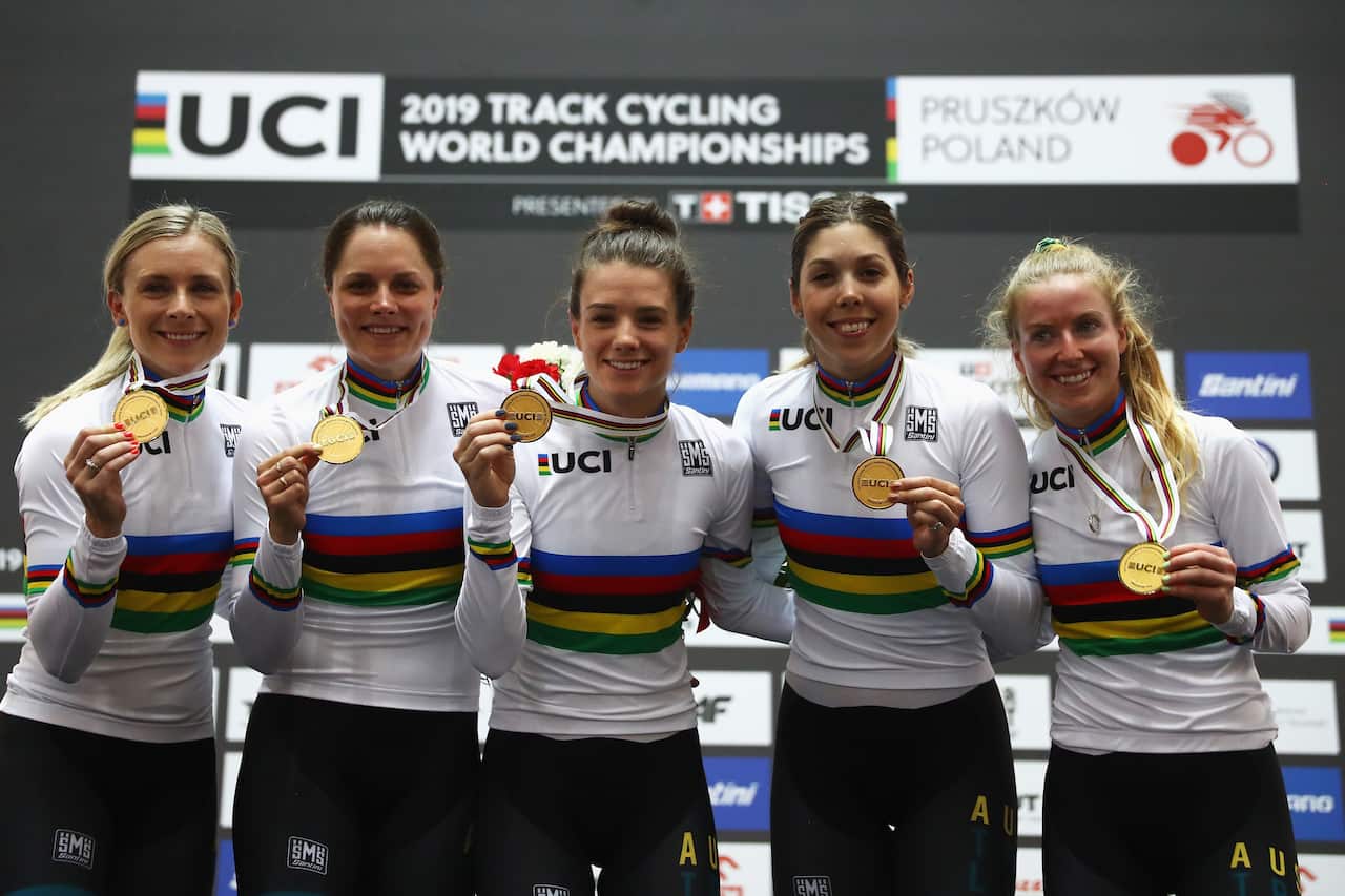 Annette Edmondson, Ashlee Ankudinoff, Amy Cure, Georgia Baker and Alex Manly show off their team pursuit wares at the 2019 UCI Track World Championships (Getty)