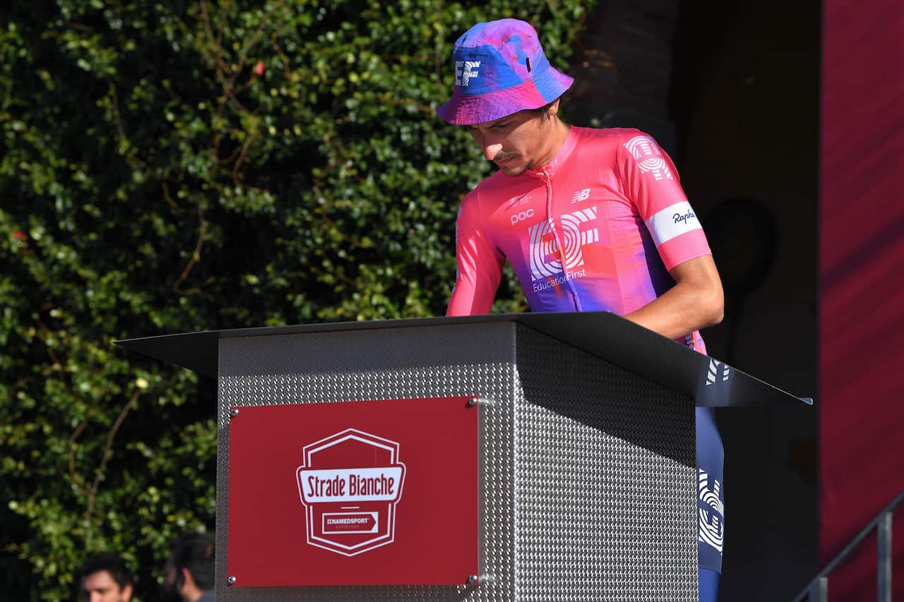 Lachlan Morton rockin' the EF Education First bucket hat earlier this year (Getty)