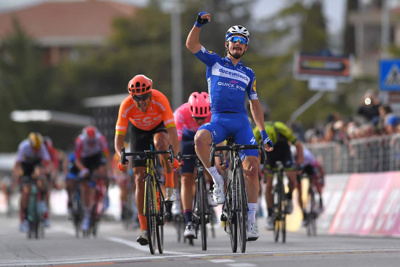 Julian Alaphilippe celebrates his Stage 2 victory over Greg Van Avermaet and Alberto Bettiol at the 2019 Tirreno-Adriatico 2019, Stage 2 (Getty)