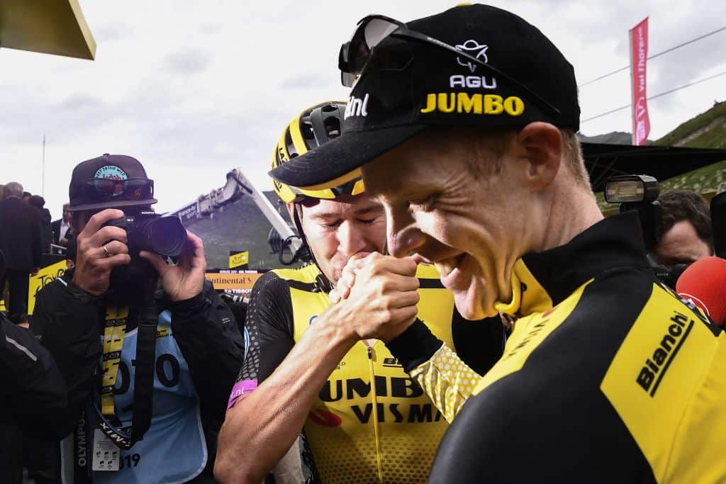 Steven Kruijswijk celebrates his third place overall at the 2019 Tour de France with Laurens De Plus after Stage 20 (Getty)