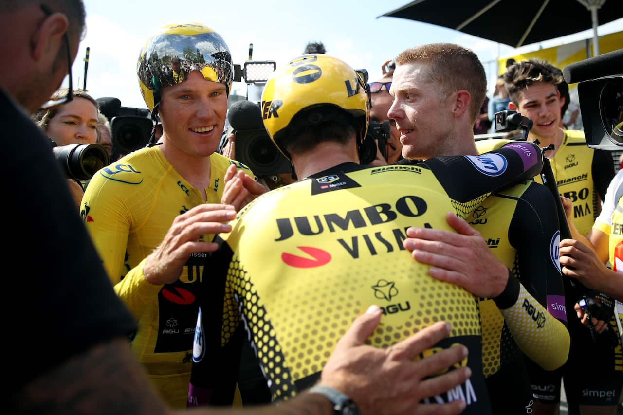 A happy Jumbo-Visma celebrate their victory in the Stage 2 TTT at the 2019 Tour de France