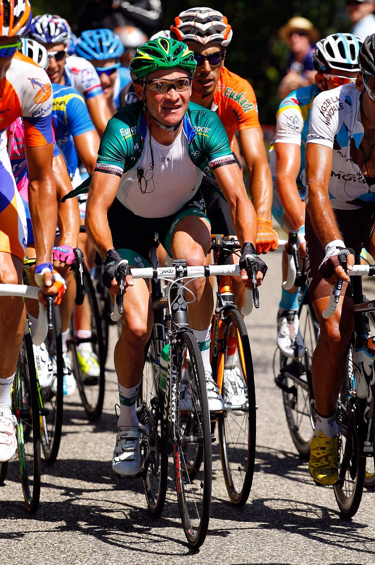 July 11, 2012... Thomas Voeckler rides in the break on the Grand Colombier, the first time the climb was used at the Tour de France.