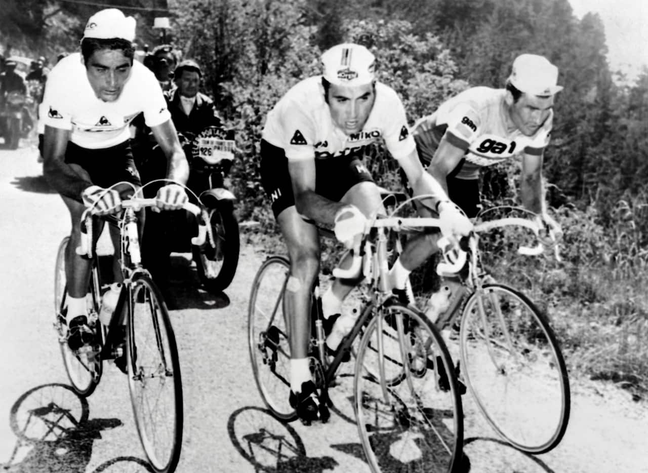 July 13, 1972 Tour de Frnace: (L-R) Luis Ocana, Eddy Merckx and Raymond Poulidor during the 11th stage of the Tour de France from Carnon to Mont Ventoux.