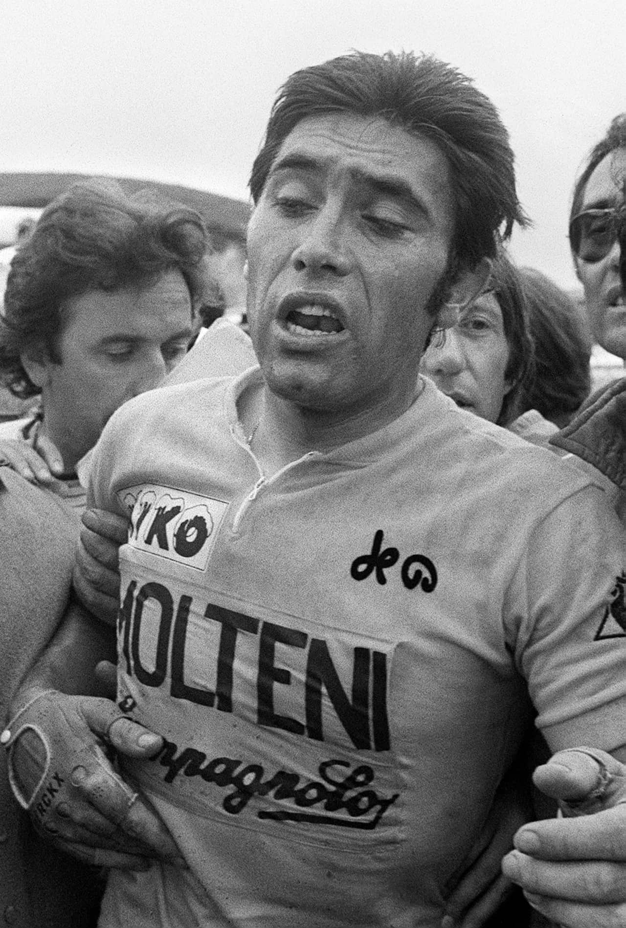 Punched... Eddy Merckx at the finish finish atop the Puy de Dôme on Stage 14 of the 1975 Tour de France, where he was punched by a French spectator.