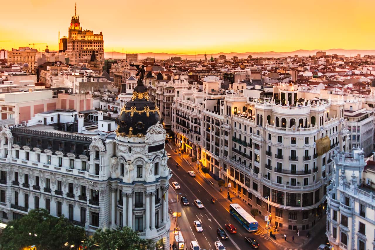 Aerial view and skyline of Madrid at dusk (Getty)
