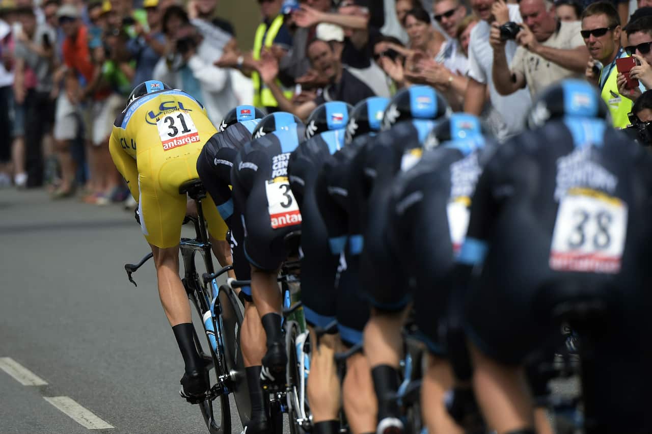 July 12, 2015 Tour: Chris Froome leads Team Sky to second place in the team time trial on Stage 9.