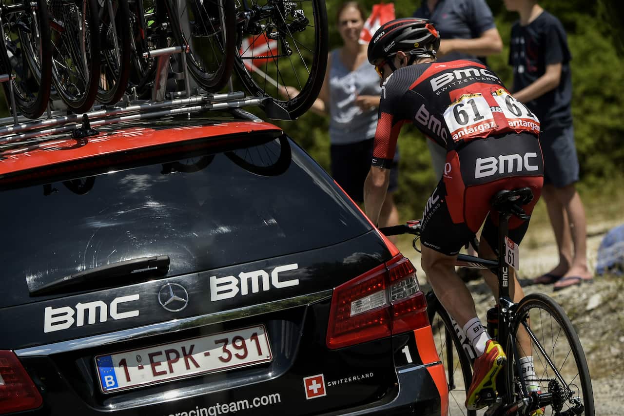 In trouble... Tejay van Garderen moments before hopping off his bike on Stage 17 of the Tour de France.
