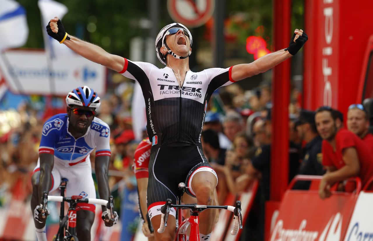 Primal yell... Jasper Stuyven (Trek Factory Racing) wins Stage 8 of Vuelta a España in Murcia.