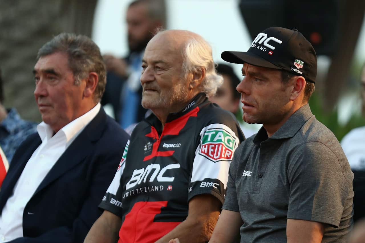 Luminaries... (L to R) Eddy Merckx, Andy Rihs and Cadel Evans at the 2016 world road championships in Qatar.