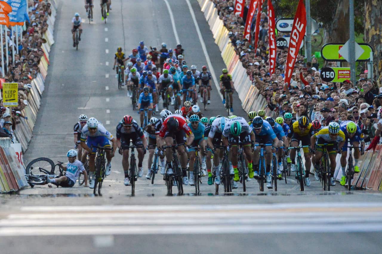 Kristoffer Halvorsen hit the deck hard after colliding with the barrier in the finale of the 2018 People’s Choice Classic criterium in Adelaide, Australia