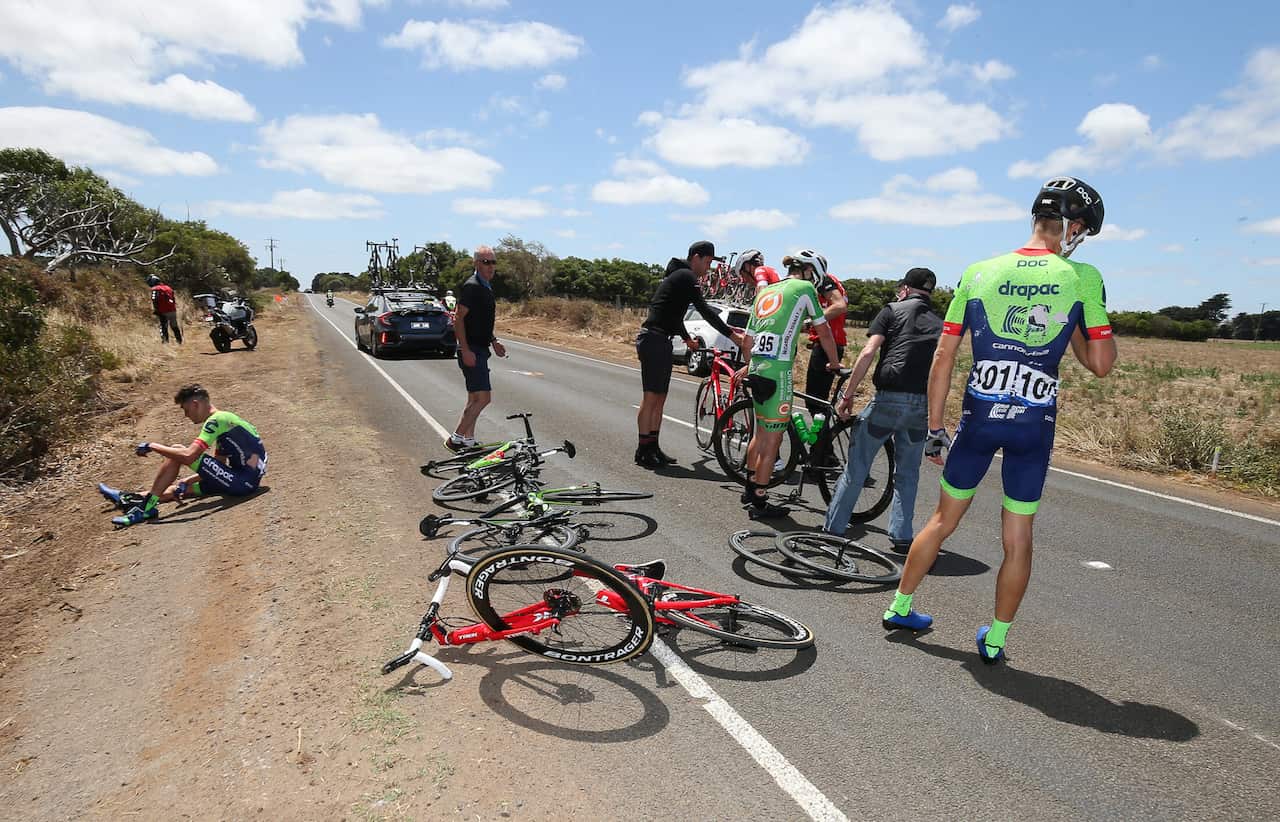 The carnage after the crash on stage 1 of the 2018 Herald Sun Tour
