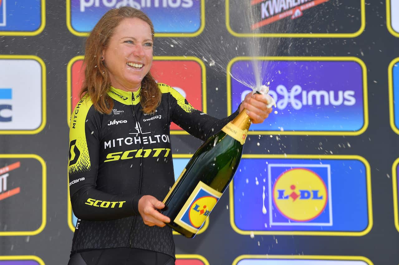 With a clipped wing, Annemiek van Vleuten celebrates her third at the 2018 Tour of Flanders (Getty)