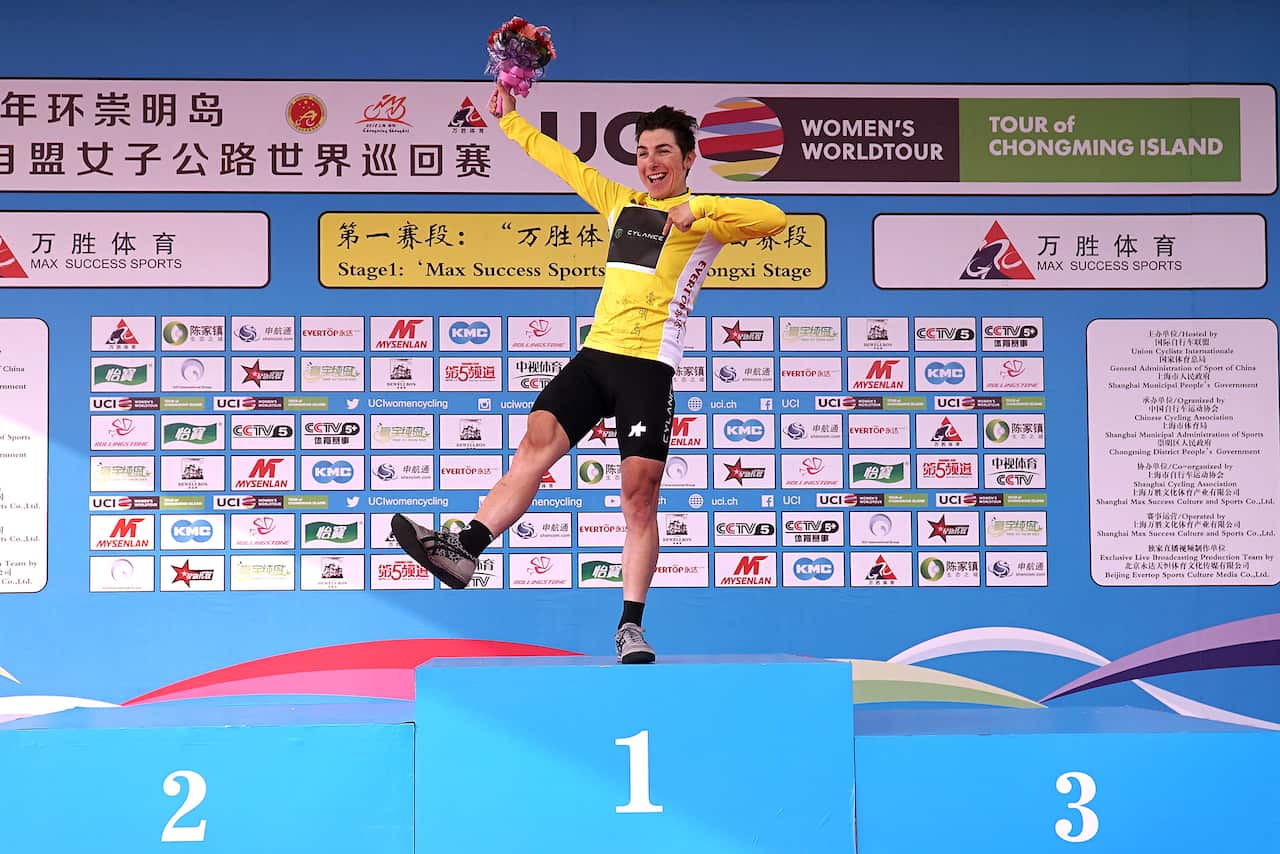 Giorgia Bronzini (Cylance) celebrates in the leader's jersey after stage 1 of the Tour of Chongming Island