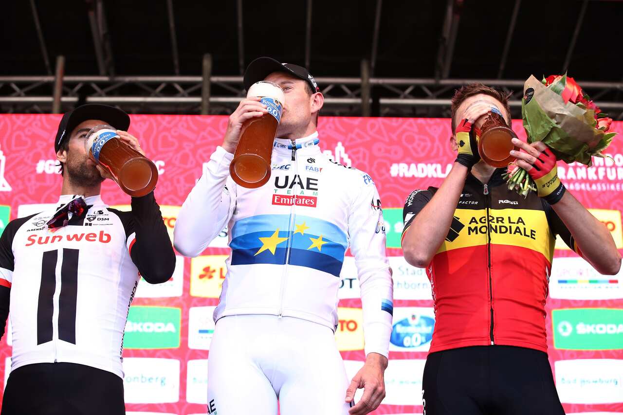 Michael Matthews (L) Alexander Kristoff (C) Oliver Naesen (R) on the podium of the 57th Eschborn-Frankfurt 2018 (Getty)