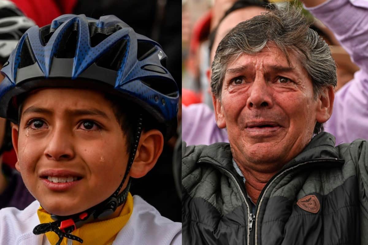 The young and the old cry while watching the Tour de France in Zipaquira, Colombian cyclist Egan Bernal's hometown (Getty)
