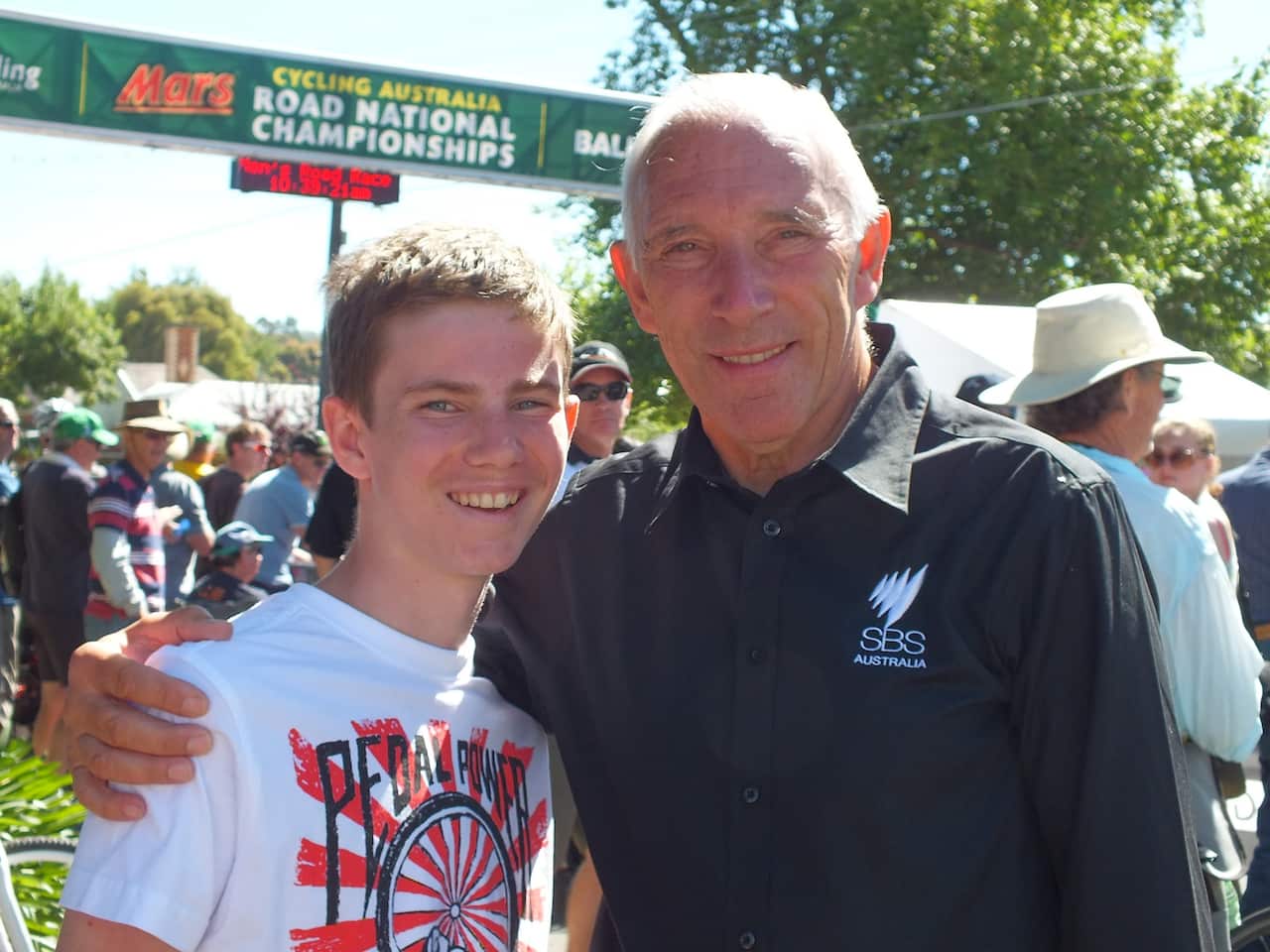 Phil Liggett at RoadNats with Allan Rankin's son