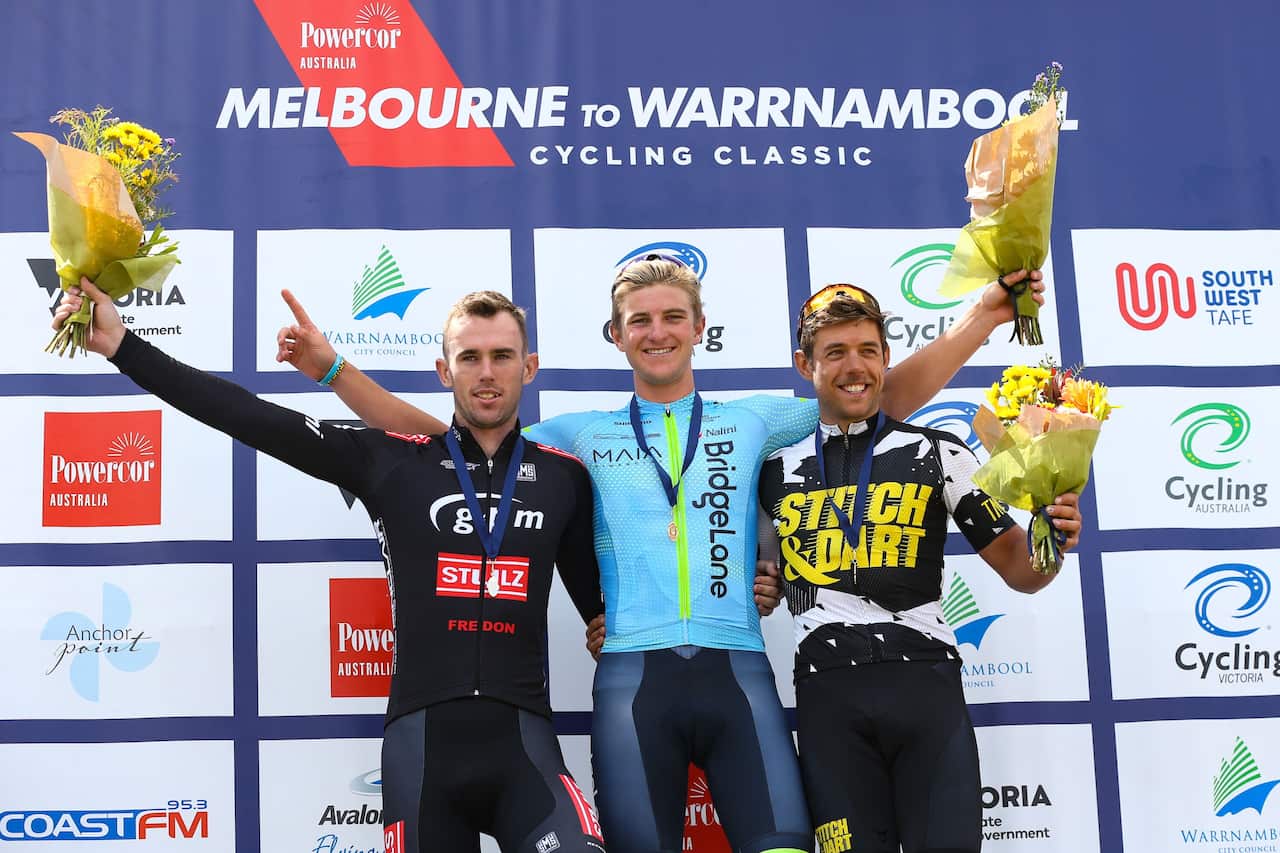 Brendan Johnston (R) finished third for the plucky amateur team Stitch & Dart at the Melbourne to Warrnambool (Con Chronis)