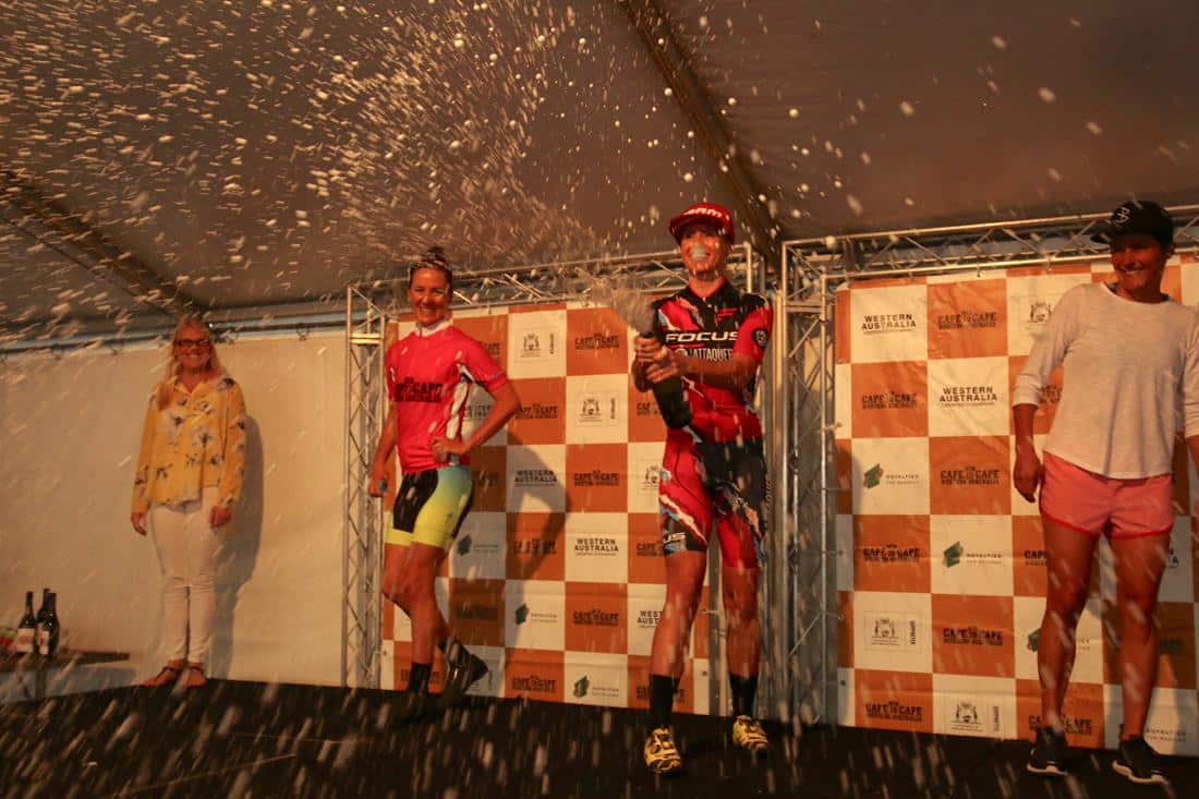 Peta Mullens celebrates her win in the Fat Crit at Cape to Cape (Flow Mountain Bike)