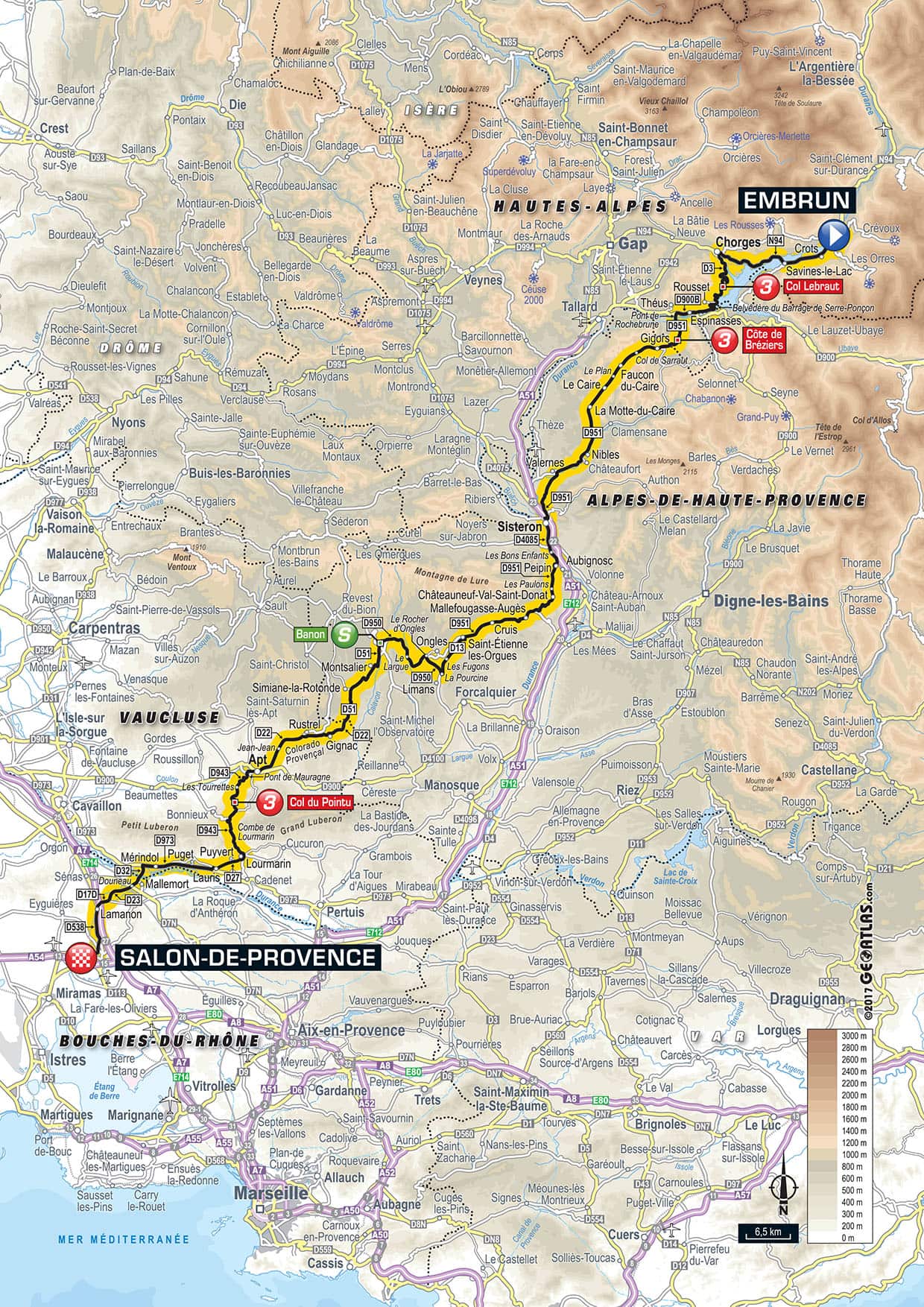 The longest stage of the Tour begins in the Hautes-Alpes and finishes near the sea.