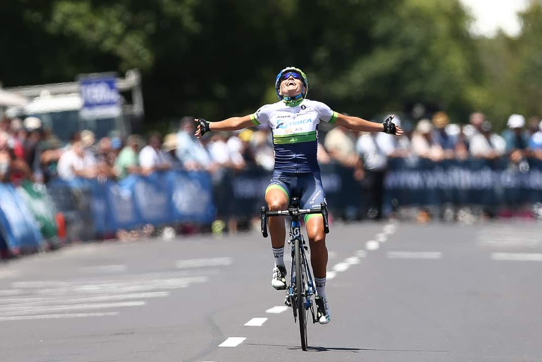 Mitchelton Bay Cycling Lizzie Williams finished far enough in front to take it all in across the lineat Williamstown , Victoria, Australia, Monday, January, 2016. Con Chronis