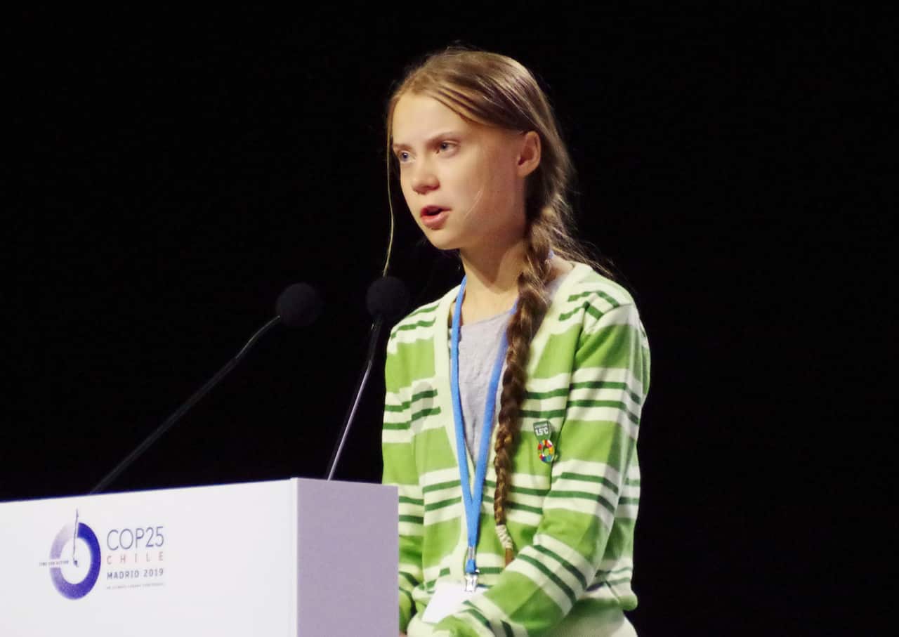 Swedish environmental activist Greta Thunberg delivers a speech at COP25.