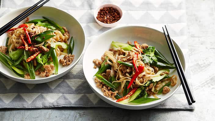 Chinese-style rice noodles with chicken, pickled chillies and celery
