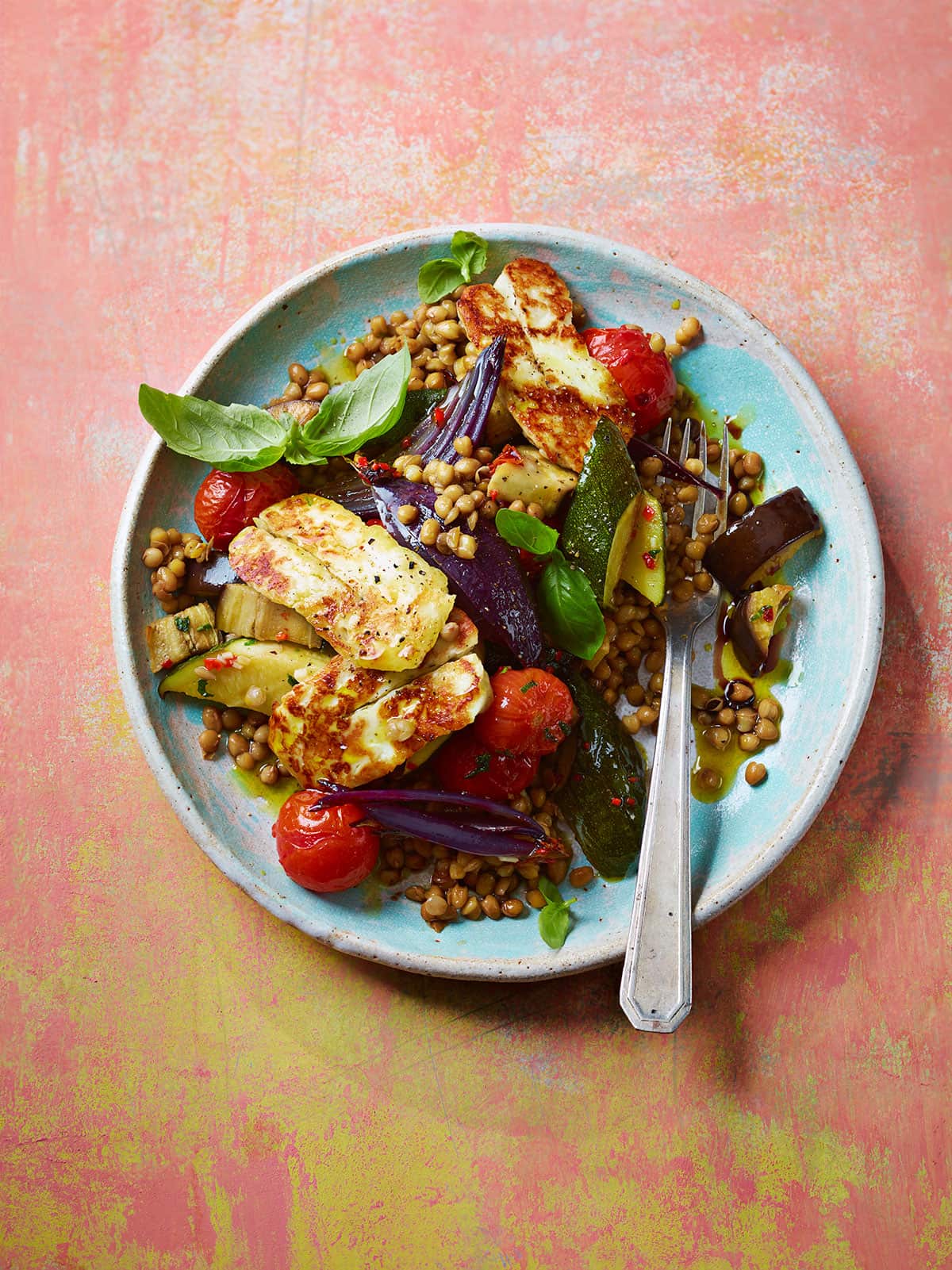 Marjoram-roasted vegetable, lentil and halloumi bake