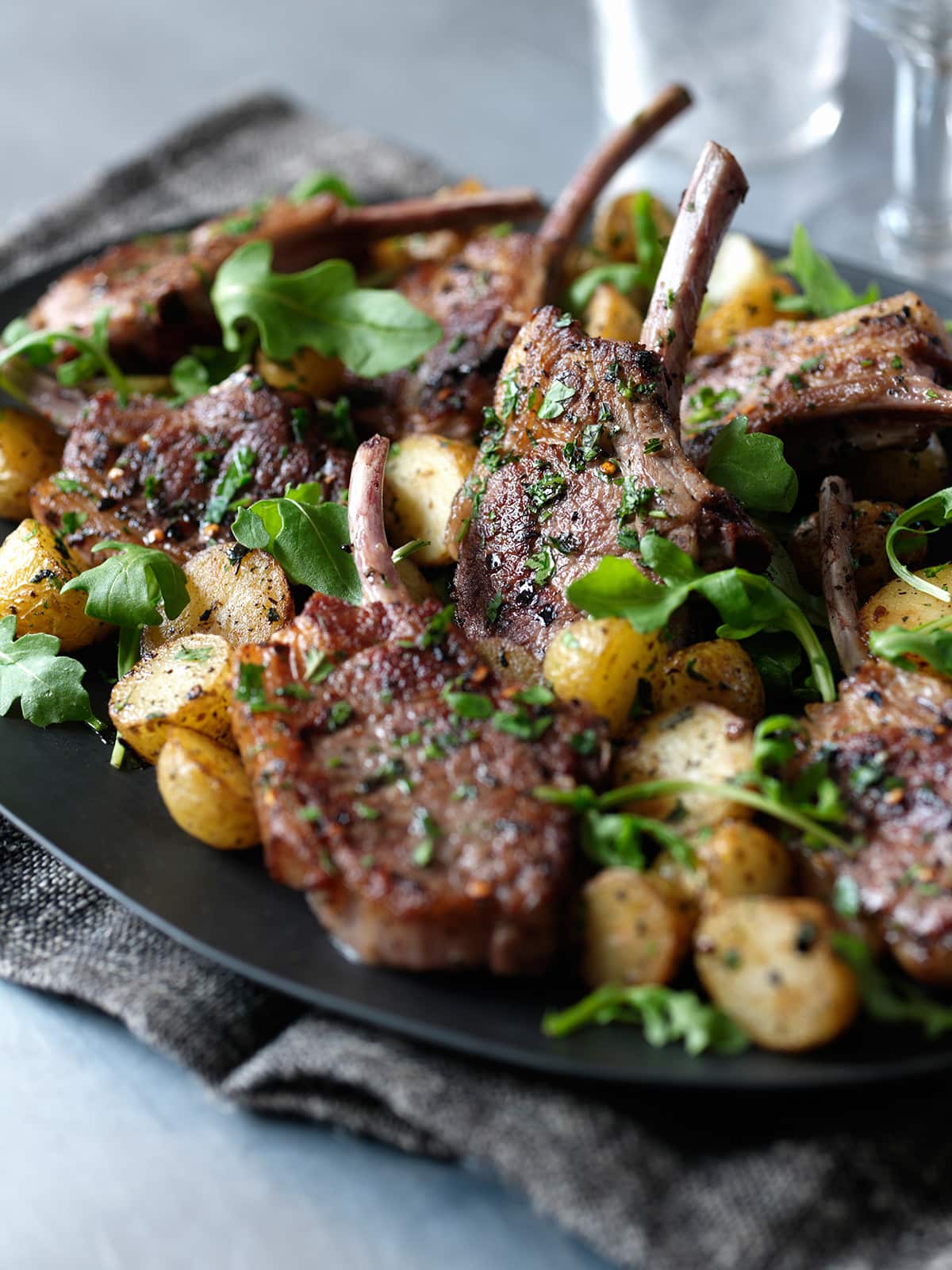 Lamb cutlets with mint, chilli and golden potatoes from Nigellissima
