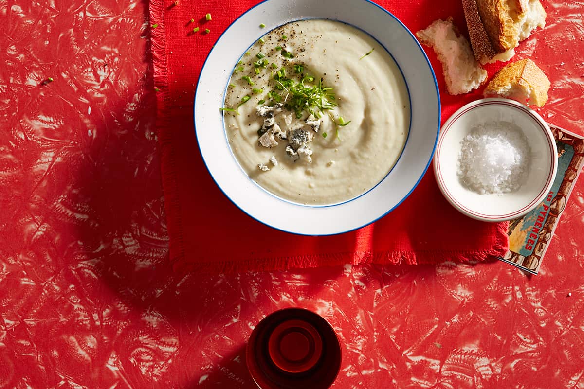 Creamy celeriac and Roquefort soup (velouté de celeri rave au Roquefort)
