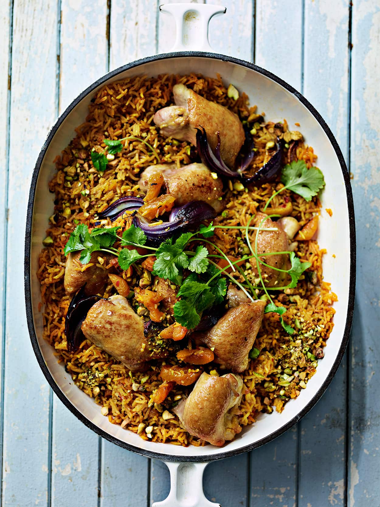 One-pot rose harissa chicken and apricot pilaf