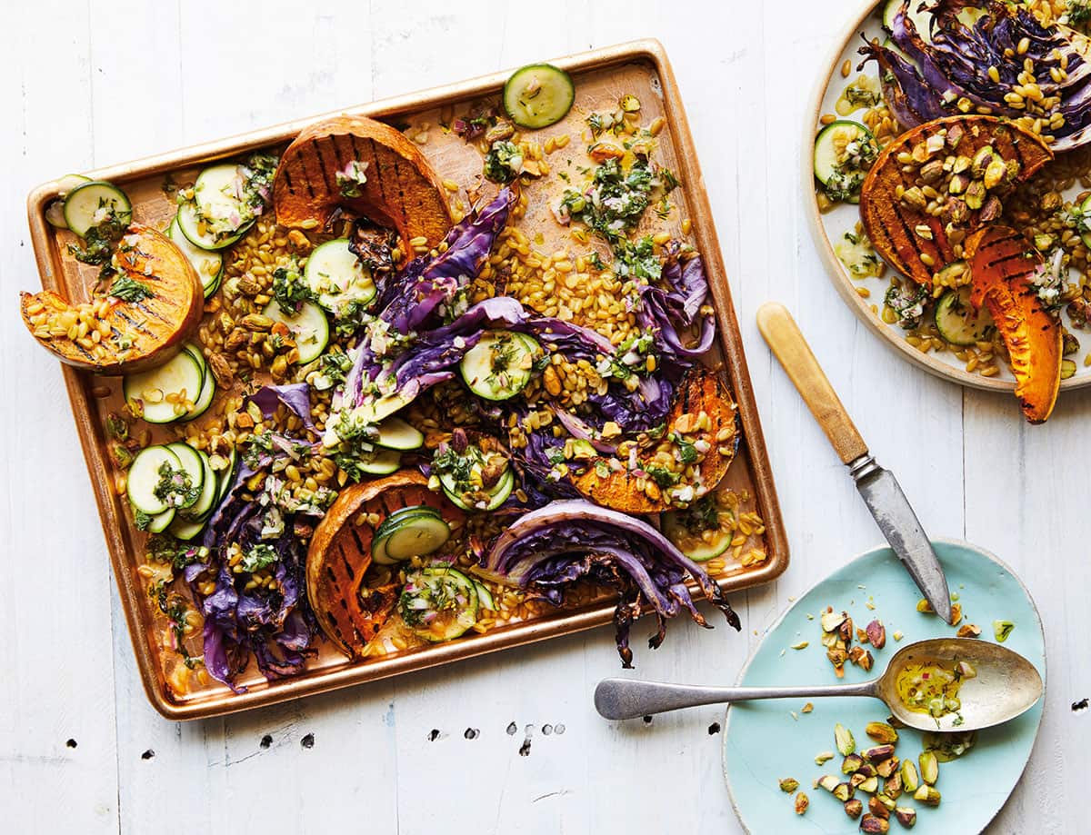 Chargrilled cabbage pumpkin freekeh