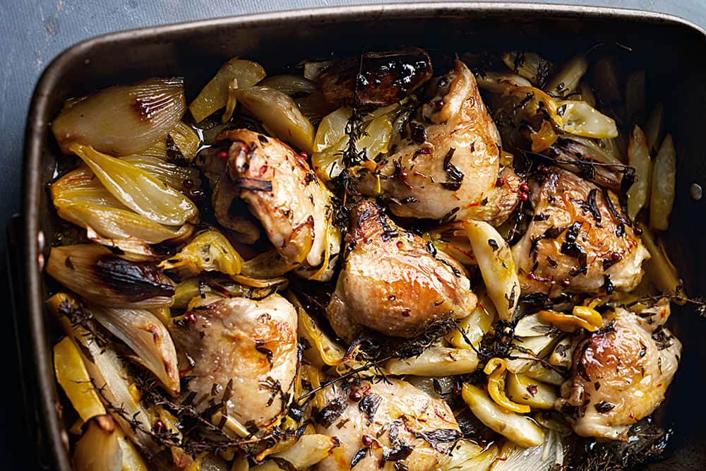 Roasted chicken with Jerusalem artichoke and lemon