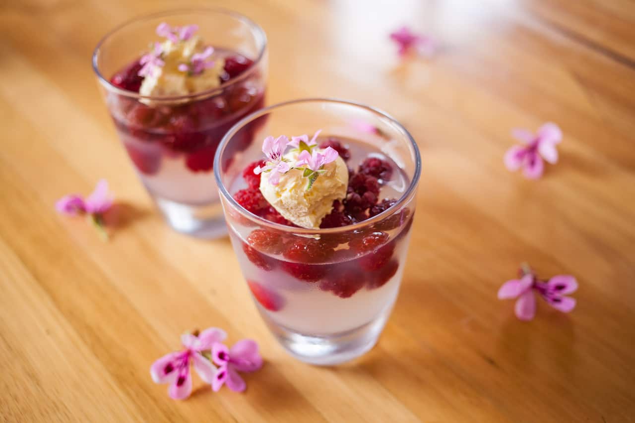 Rose geranium jelly with raspberries
