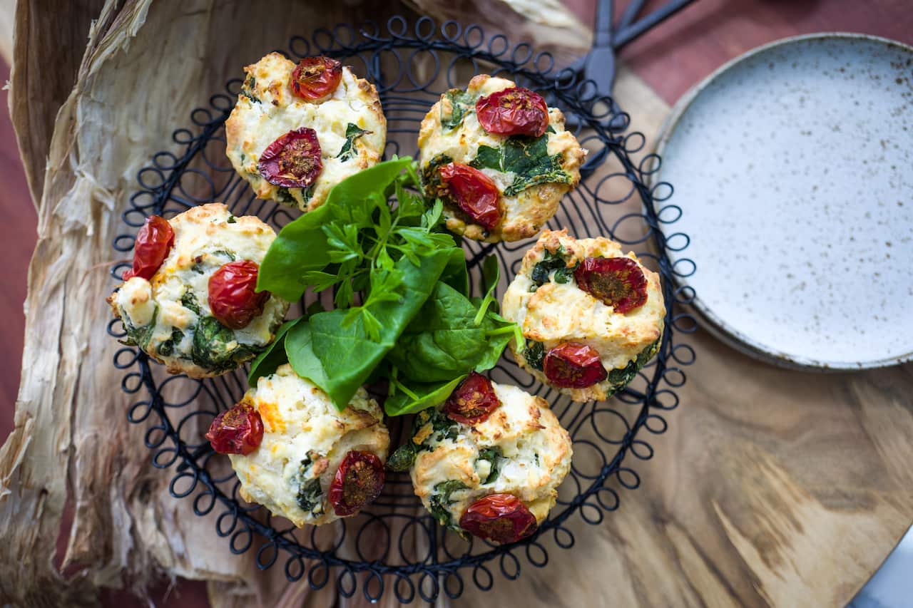 Oven-dried tomato, warrigal greens and goat’s cheese muffins