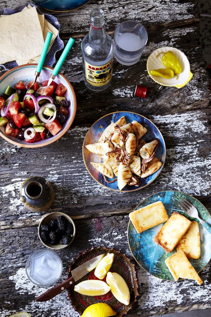 Chargrilled baby calamari with fried saganaki