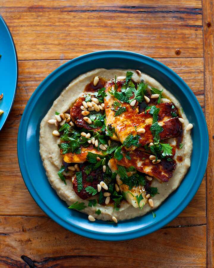Haloumi with baba ganoush and pomegranate dressing