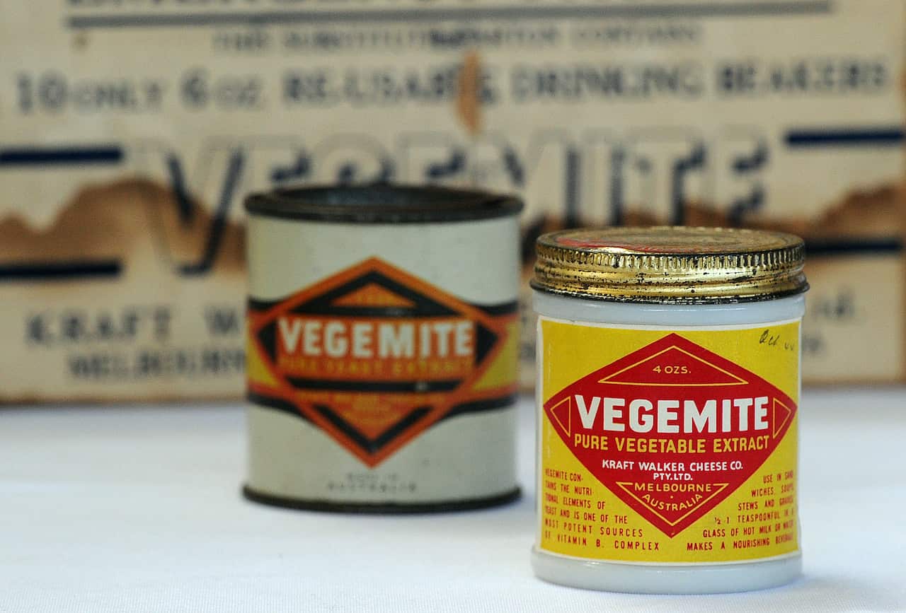 Vintage vegemite jars at the Vegemite factory in Melbourne, Thursday, Oct. 24, 2013. As Vegemite celebrates its 90th anniversary, there are, on average, two jars of Vegemite sold in Australia every three seconds. (AAP Image/Julian Smith) NO ARCHIVING