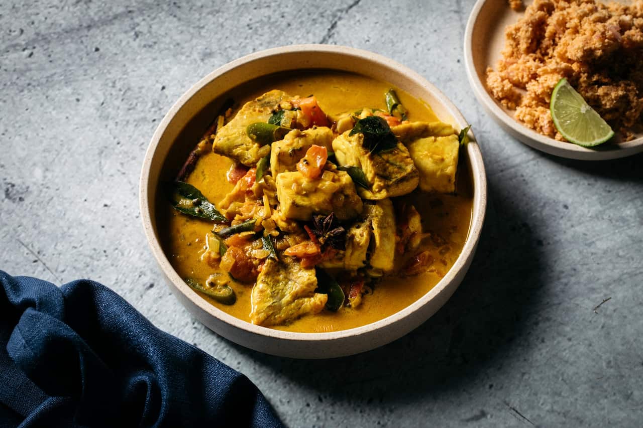 Quick barramundi curry with pol sambol