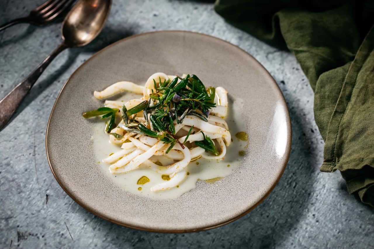 Calamari with foraged sea herbs