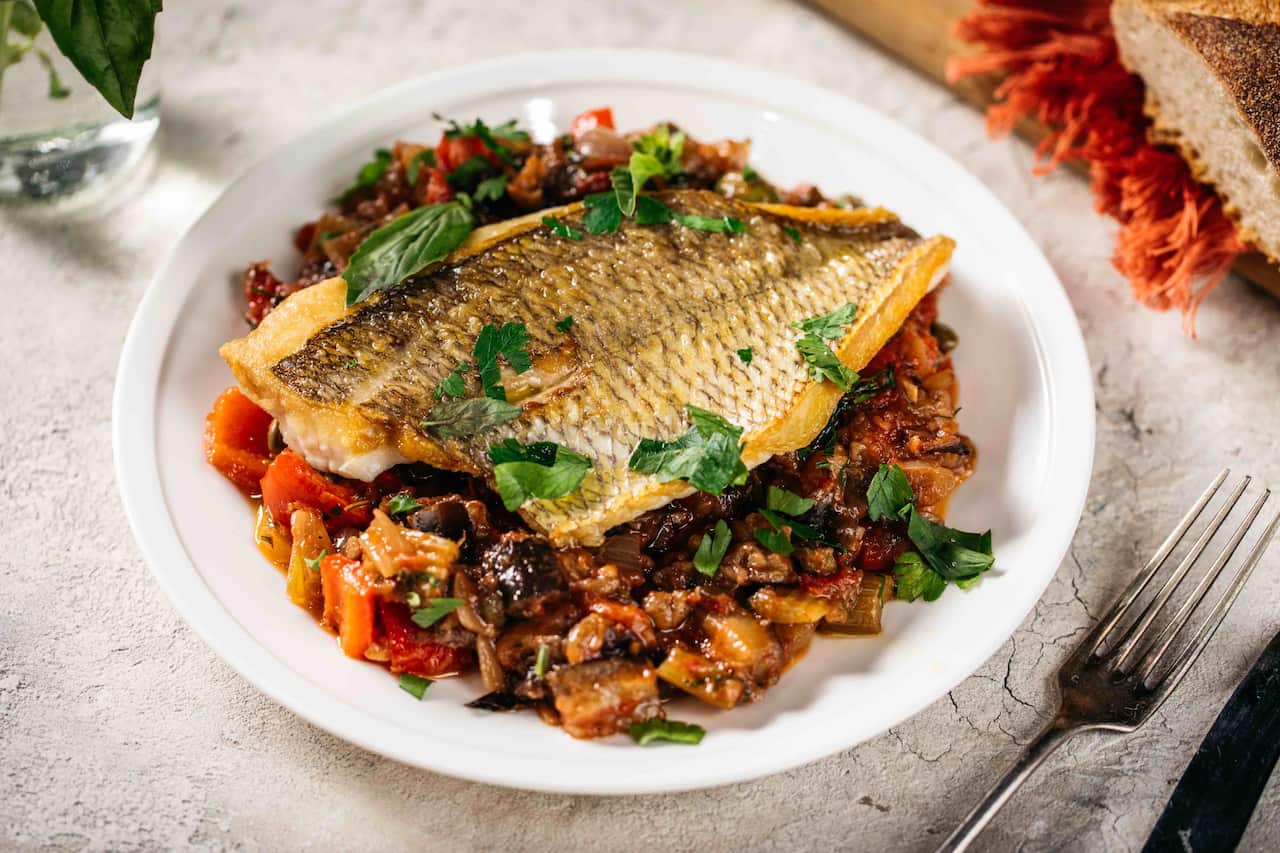 Caponata with pan-fried snapper