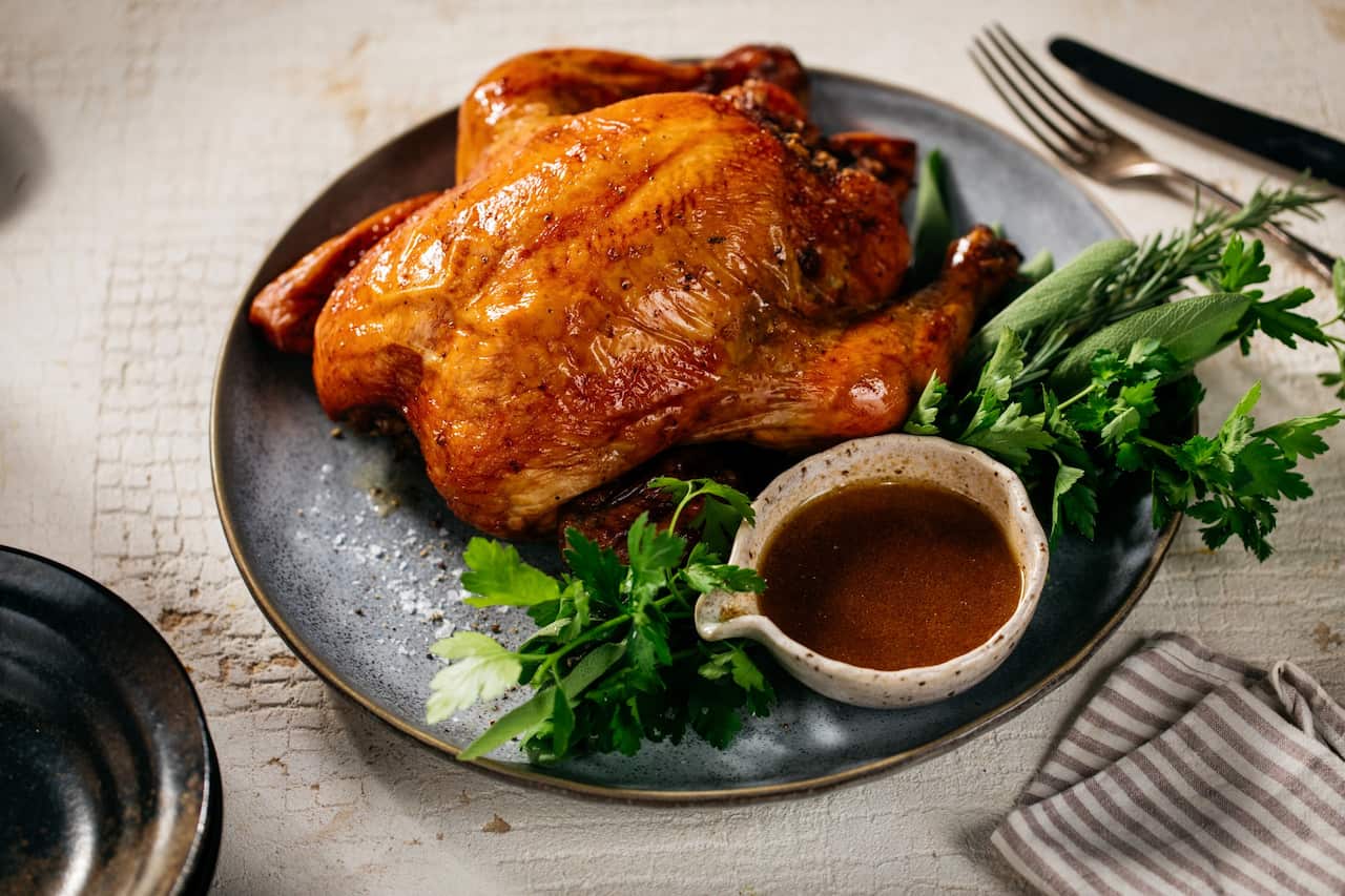 Slow roast chicken with fried bread stuffing