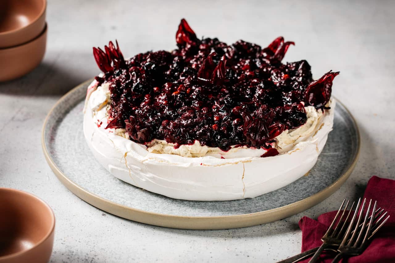 Aussie pavlova with wattleseed cream and indigi fruits